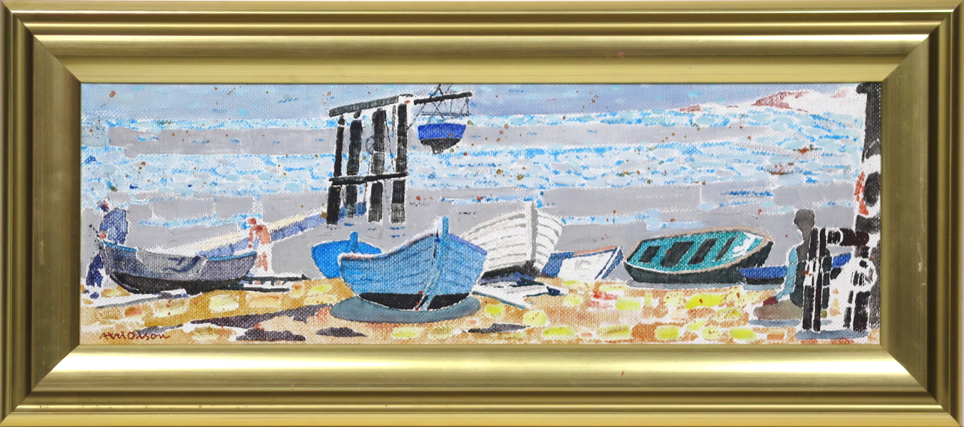 Olson, Axel, olja, "Strand med båtar, Trången", signerad, 19 x 56 cm