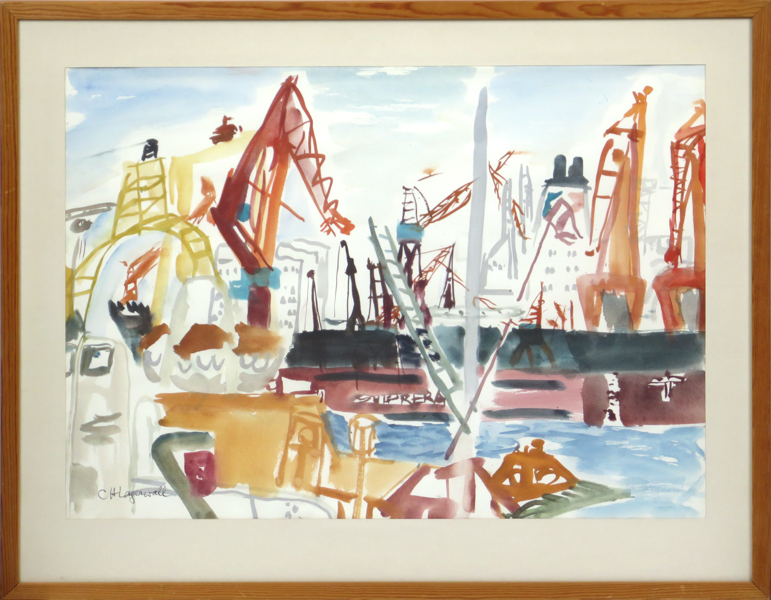 Hartmann-Lagerwall, Charlotte, gouache, "Göteborgs hamn", signerad, synlig pappersstorlek 46 x 64 cm