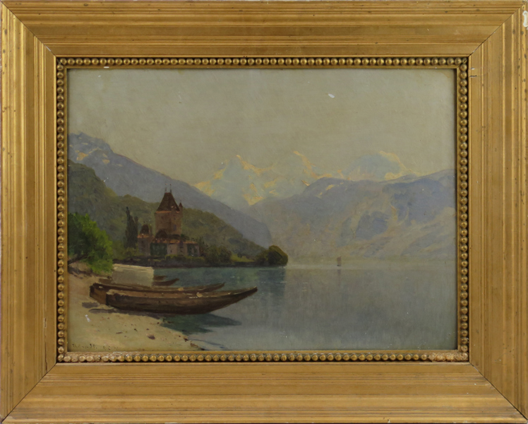 Okänd konstnär, 1900-talets början, olja, Château de Chillon, Schweiz, betecknad Thüner SP samt signerad AC och daterad 1907, 29 x 40 cm