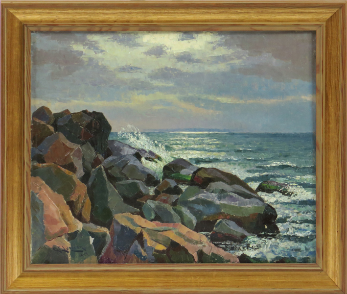 Claesson, Ejnar, olja, kustmotiv från Halmstad, signerad och daterad 1949, 40 x 48 cm