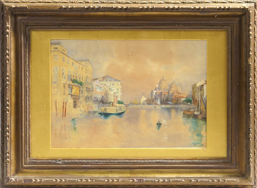 Okänd engelsk (?) konstnär, 1800-tal, akvarell, Santa Maria Della Salute, Venedig, otydligt signerad, synlig storlek 38 x 52 cm