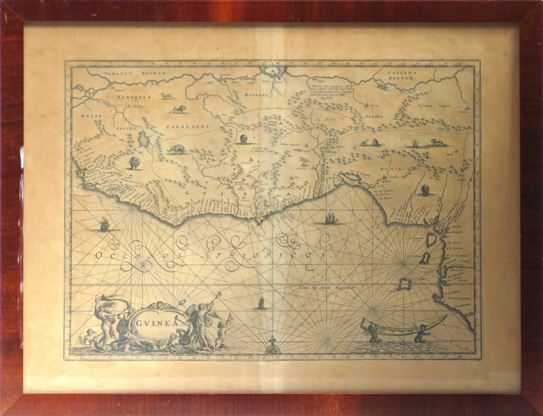 van Meurs, Jacob, karta, kopparstucken, Guinea 1668, ed Olferts Drapper, synlig pappersstorlek 32 x 43 cm, gulnad, möjligen senare avdrag