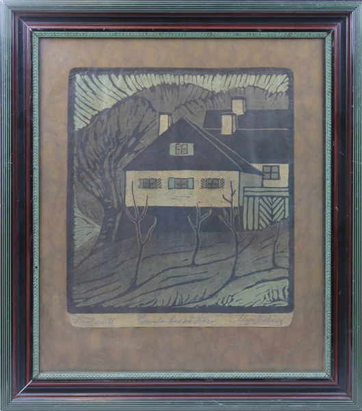 Fröberg, Maja, linoleumsnitt, "Gamla hus på Söder", signerad, 30 x 27 cm