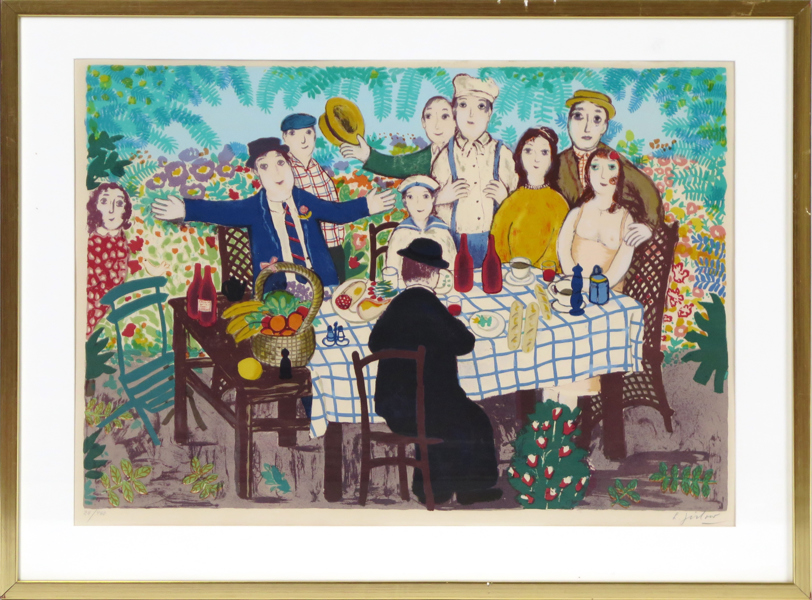 Jirlow, Lennart, färglito, "Lunch i trädgården", signerad och numrerad 28/460, synlig pappersstorlek 48 x 67 cm 