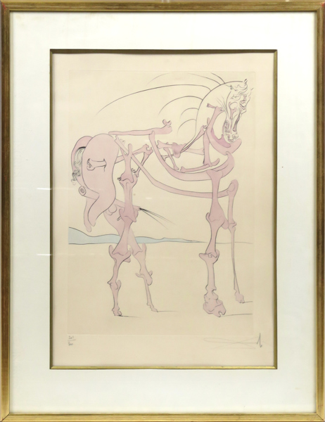 Dalí, Salvador, torrnål med pochoir, "Le cheval rose", ur sviten "Visions de Quevedo", ed Galerie Börjesson Malmö 1975, signerad och numrerad 201/300, synlig pappersstorlek 63 x 42 cm, 