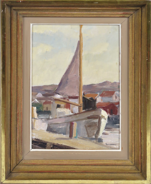 Wallin, Ellis, olja, "Seglet", signerad, a tergo daterad 1947, 33 x 22 cm 