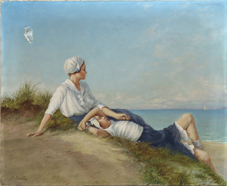 Lind, Axel, olja, "Flickorna på Skagen", signerad, 71 x 86 cm, dukskada