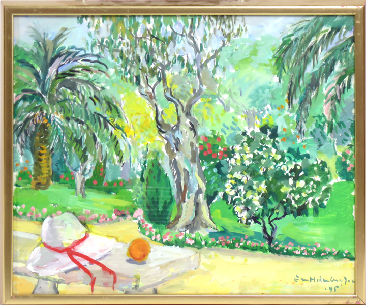 Holmberg Jacobsson, Eva, gouache, "Renoirs trädgård", signerad och daterad -95, synlig pappersstorlek 46x55 cm