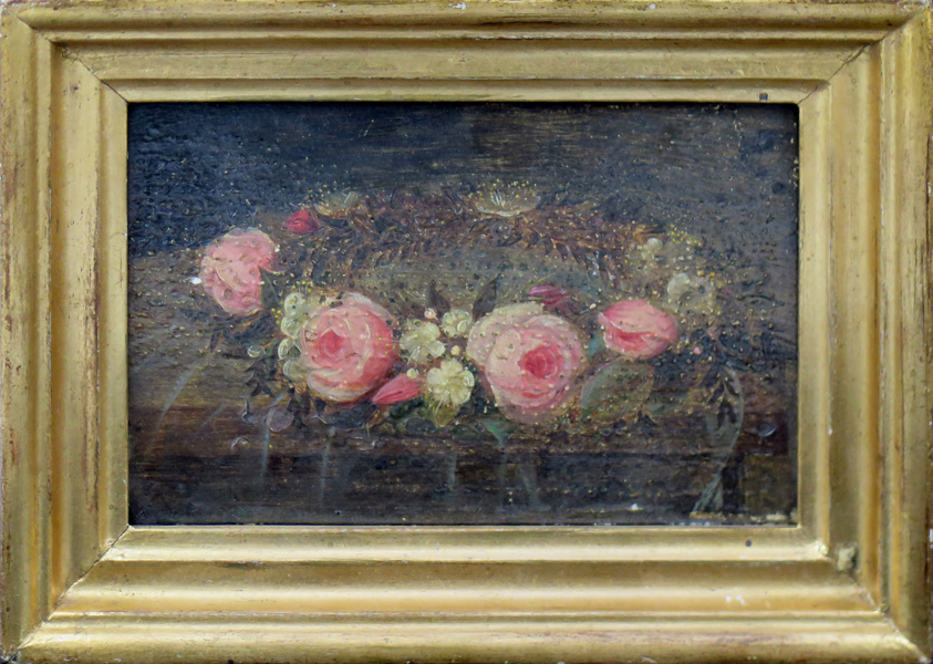 Jensen, Johan Lauritz (IL), hans skola, olja, blomsterkrans av rosor, 1800-tal, 12 x 17 cm