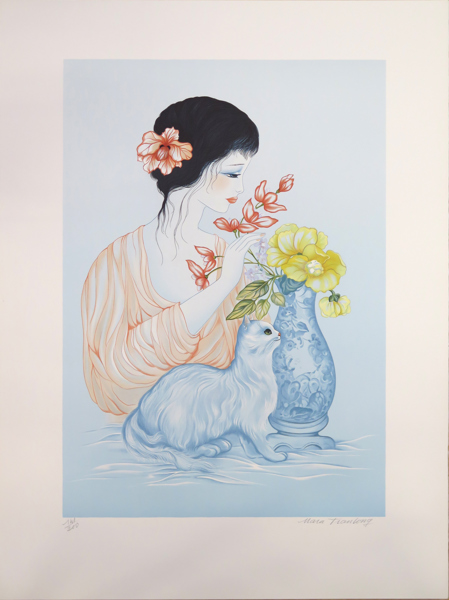 Tran-Long, Mara, färglito, Jeune femme au chat et bouquet, signerad och numrerad 141/200, vattenmärke CMF, pappersstorlek 75 x 54 cm