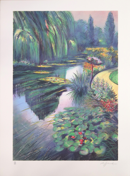 Rafflewski, Rolf, färglito, "Jardins de Giverny, Le bassin aux nymphéas" - motiv från Monets trädgård, signerad och numrerad 136/250, vattenmärke BFK Rives, pappersstorlek 75 x 55 cm