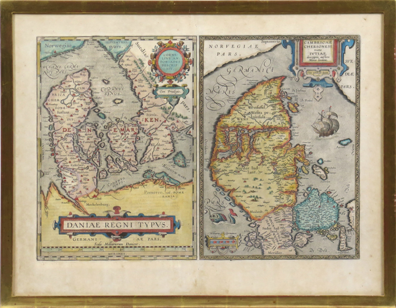 Jordan, Marcus/Ortelius, Abraham, kartor, 2 st, kopparstuckna och handkolorerade, Daniae Regni Typus samt Cimbricae Chersoni, ur Teatrum Orbis Terrarum 1609, a tergo latinsk text, 