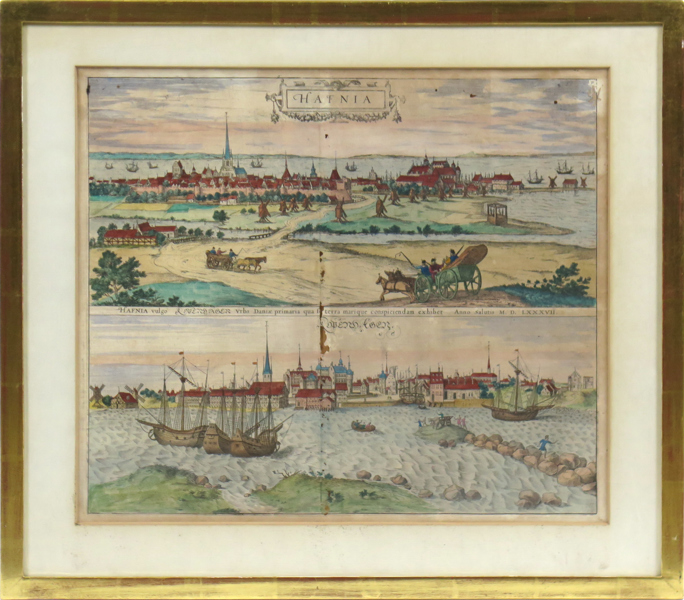 Braun, Georg & Hogenberg, Frans, kopparstick, handkolorerat, "Hafnia" (Köpenhamn) ur Civitates orbis terrarum 1586, synlig pappersstorlek 43 x 38 cm, skador