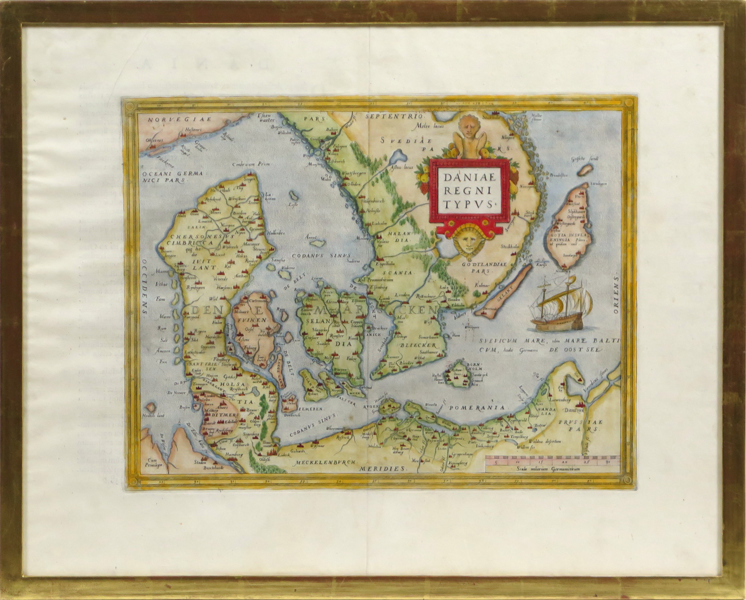 Ortelius, Abraham, karta, kopparstucken och handkolorerad, Danie Regni Typus", ur Theatrum Orbis Terrarum, Amsterdam 1579, synlig pappersstorlek 43 x 56 cm