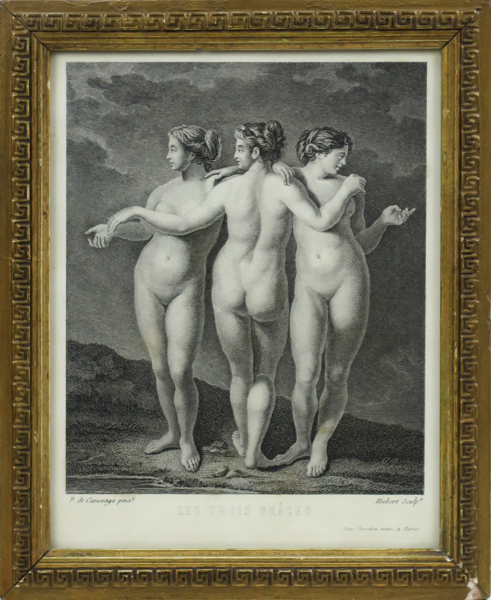 Kopparstick, "Les trois Graces", efter Caravaggio, Chardon Paris 1862, synlig pappersstorlek 23 x 18 cm