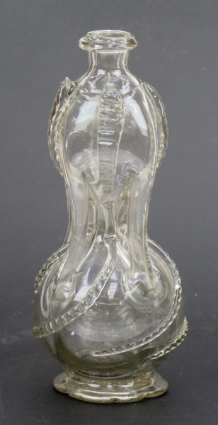 Flaska, glas, så kallad kluckflaska, 1800-tal, dekor av påklipp, h 23 cm, spricka