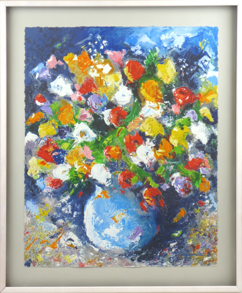 Höglund, Karl, färglito, stilleben med blomvas, signerad och numrerad HC VI/XXX, 52 x 42 cm