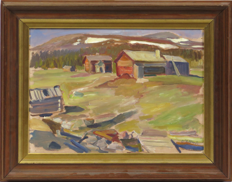 Nordberg, Olle, olja, landskap med byggnader, signerad och daterad -41, 30 x 41 cm