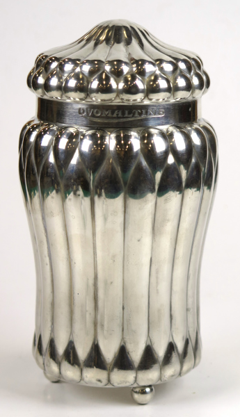 Okänd designer för Alfred Krupp, Luzern, chokladburk, nysilver, "Ovomaltine", jugend, sekelskiftet 1900, h 21 cm