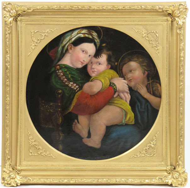 Okänd konstnär, 18-1900-tal, olja, Madonnan med Jesusbarnet och Johannes Döparen, kopia efter Raphaels Madonna della Seggiola från 1514, spännramens mått 64 x 64 cm