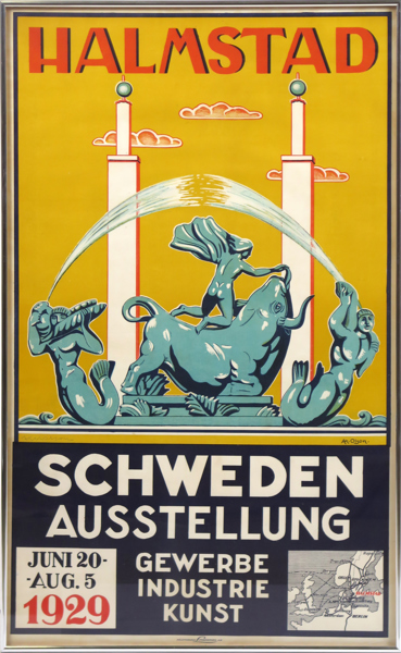 Olson, Axel, utställningsaffisch, litograferad, Halmstadutställningen 1929 (tysk version), handsignerad av konstnären omkring 1980, 100 x 62 cm, Halmstadgruppen debuterade på utställningen 1929