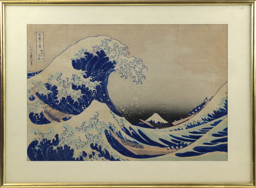 Hokusai, Katsushika, efter, färgträsnitt, "Under vågen utanför Kanagawa", synlig pappersstorlek 25 x 36 cm