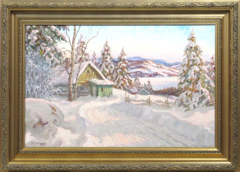 Palmdahl, Erik, olja, hus i vinterlandskap, signerad, 64 x 99 cm