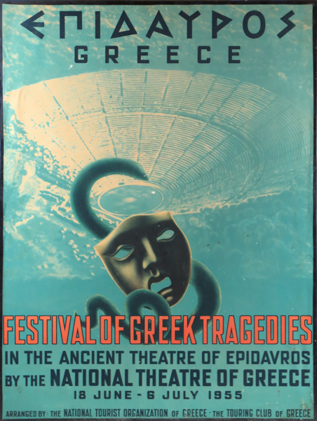 Litograferad utställningsposter, "Festival of greek tragedies", Epidauros Grekland 1955, synlig pappersstorlek 74 x 56 cm, skador