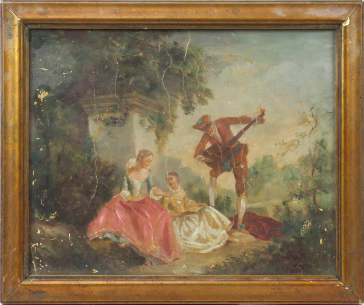 Lancret, Nicolas, efter, olja, Musiklektionen, 1800-tal, 22 x 27 cm, slitage