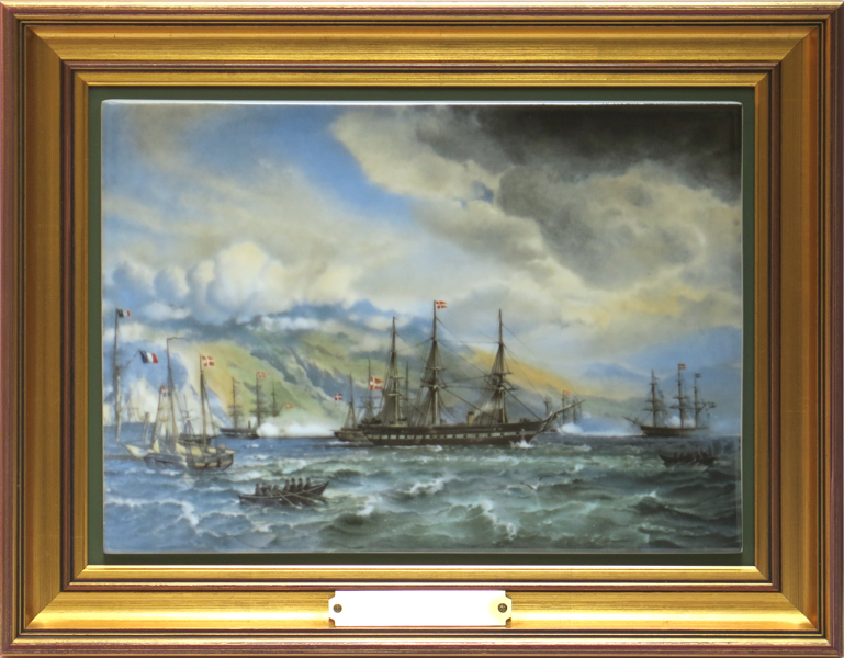 Sörensen, Carl Frederik, efter, porslinsmålning, B&G, "Fregatten Jylland under Island 1874, 21 x 29 cm, numrerad 2369/2500