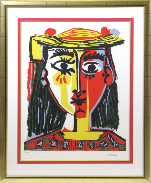 Picasso, Pablo, efter honom, litografi, "Buste de femme au chapeau", signerad och numrerad 96/500, synlig pappersstorlek 80 x 65 cm