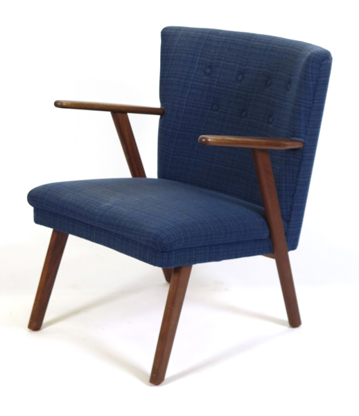 Okänd designer för Erhardsen & Andersen, armstol, teak med blå, rutig klädsel, design 1958