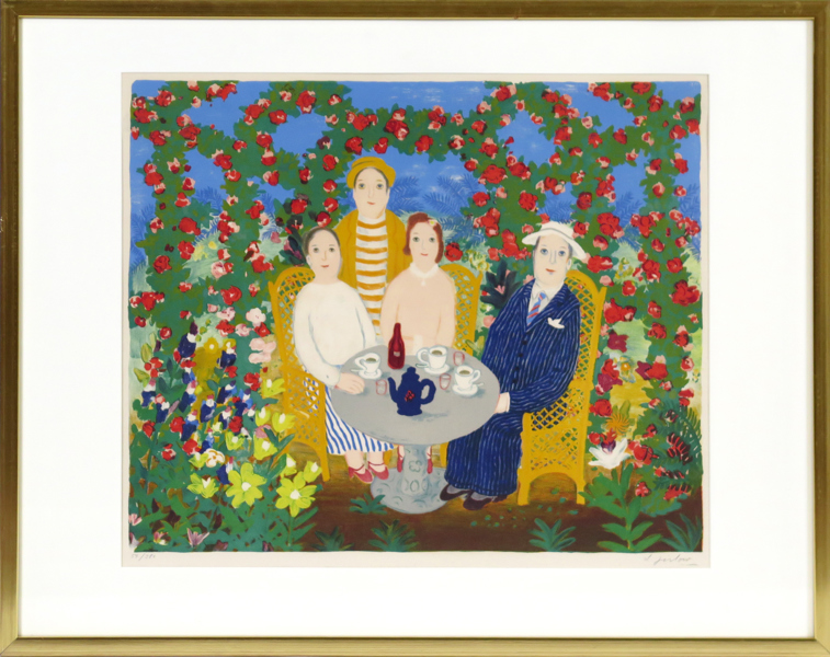 Jirlow, Lennart, färglito, "Dans le jardin", ed Mourlot, signerad och numrerad 59/380, med Mourlots blindstämpel, synlig pappersstorlek 48 x 57 cm 