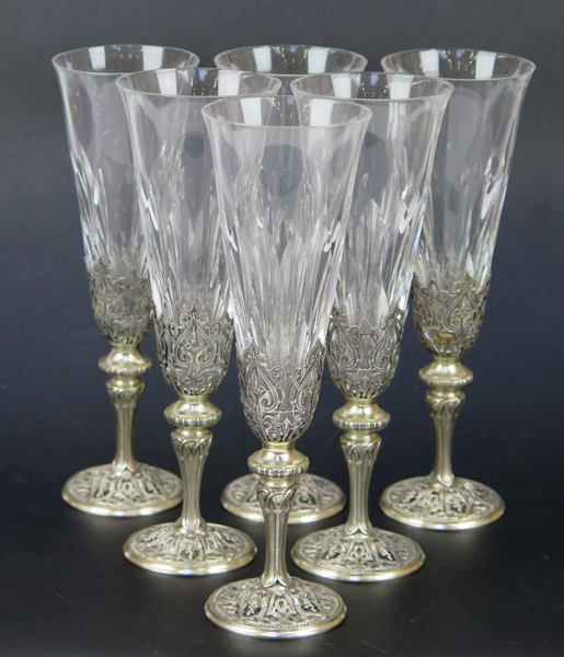 Champagnestrutar, glas med fot i 800/1000 silver, 6 st, italienska stämplar, h 20 cm