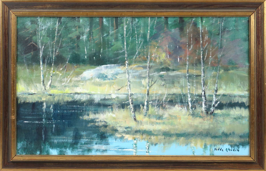 Rhodin, Tedde, olja, sjöparti med björkar, signerad,  31 x 51 cm