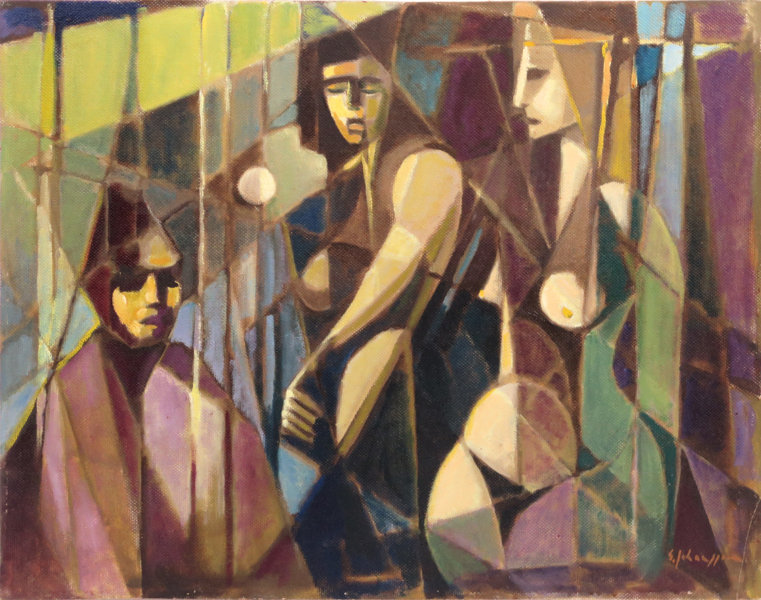 Johansson, Sven, olja, komposition med människor, signerad, 55 x 68 cm