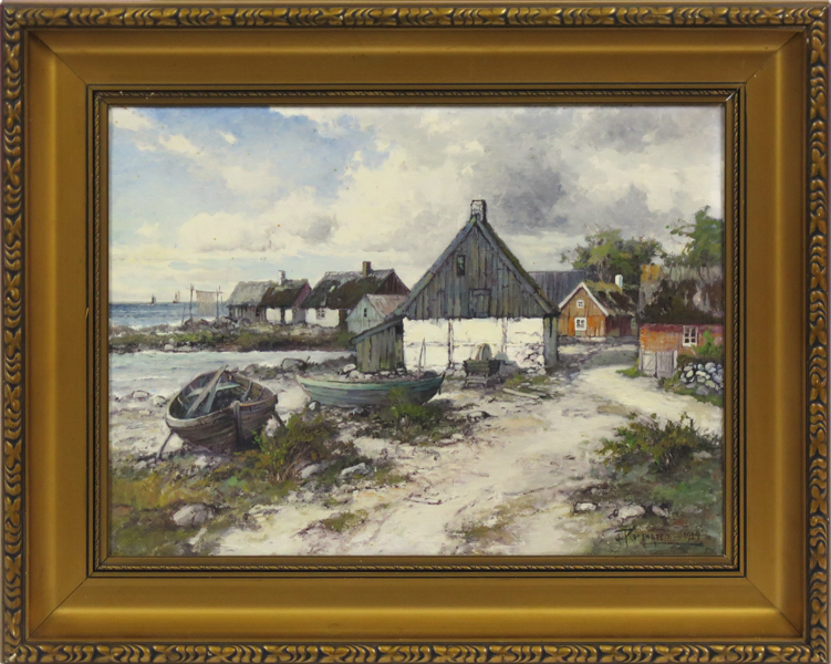 Rosengren, Jean, olja, hus vid fiskehamn, signerad och daterad 1929, 32 x 43 cm