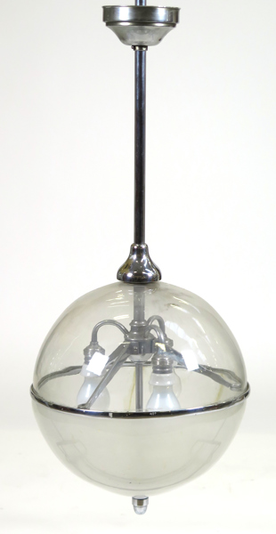 Okänd designer, 1920-30-tal, taklampa, krom med delvis frostad glaskupa, 3 lamphållare, h 107 cm, lagning