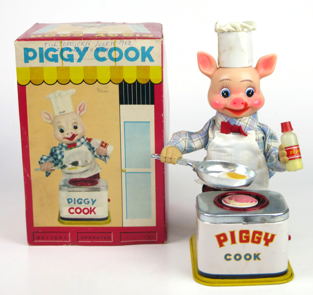 Leksak, litograferad plåt, Yonezawa, Japan 1950-tal, Piggy Cook, originalförpackning medföljer, h 26 cm