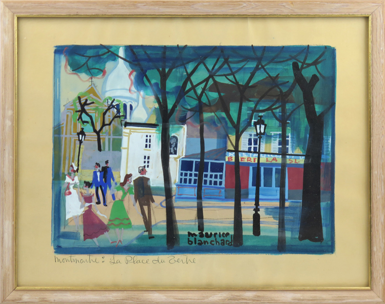 Blanchard, Maurice, gouache, "Montmarte: La place du...", signerad, synlig pappersstorlek 31 x 41 cm