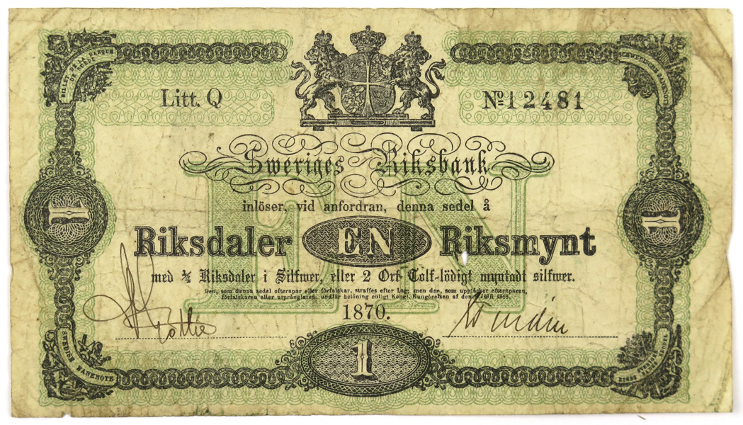 Sedel, 1 Riksdaler Riksmynt, Sveriges Rikes Ständers Bank 1870,_4728a_lg.jpeg