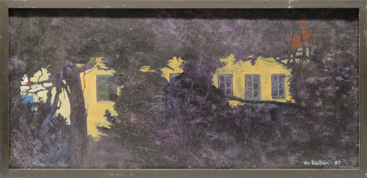 Hultén, Bo, olja, husfasad genom lövverk signerad och daterad -87, 29 x 62 cm