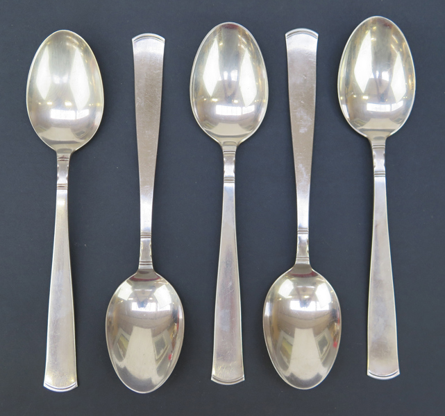 Dessertskedar, 5 st, silver, Rosenholm, design Jakob Ängman 1933, stämplade GAB Stockholm, l 18 cm, total vikt 205 gram