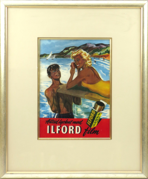 Reklamskylt, plast, 1900-talets mitt, "Alltid lyckat med lIlford Film", synlig storlek 30 x 20 cm
