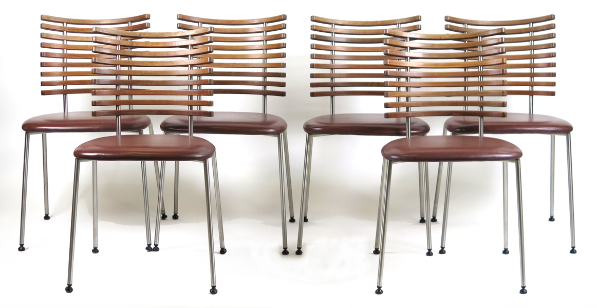 Lehm, Henrik för Naver Collection, stolar, 6 st, stål med valnötsrygg och sits i cognacsfärgat läder, Tiger Chair, modell GM4105