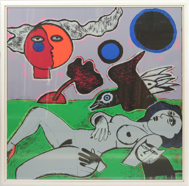 Corneille (egentligen Guillaume Cornelis van Beverloo), färgserigrafi, "Femme diurne", signerad, daterad -90 och numrerad 40/200, ed GKM, synlig pappersstorlek 94 x 96 cm