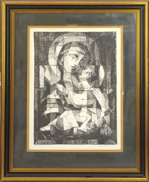 Olson, Erik, litografi, "Den svarta bilden sönderkysst", signerad, daterad 1950 och numrerad EA, synlig pappersstorlek 43 x 32 cm