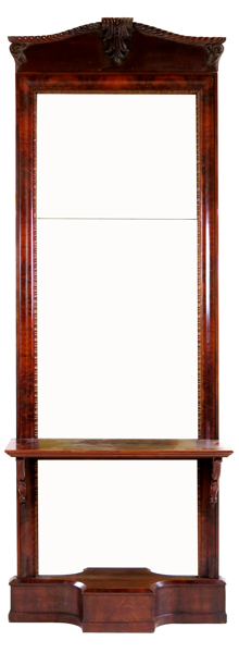 Hecht, Gustav Friedrich, hans art, spegelltrymå med hylla, mahogny, empire Danmark/Nordtyskland omkring 1830, h 285 cm, smärre fanérdefekter