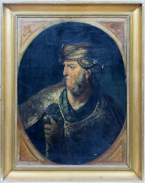 Harmenszoon van Rijn, Rembrandt, kopia efter, olja, "Man in oriental costume" efter original från 1633 i Alte Pinakotek, sekelskiftet 1900, 84 x 63 cm, skador och lagningar