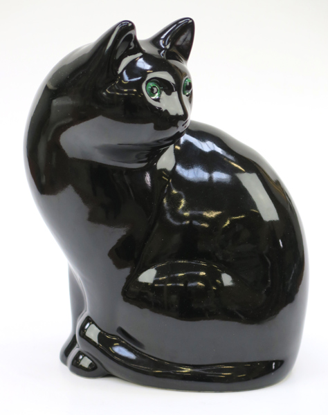Okänd designer, skulptur, svartglaserad keramik, sittande katt, ögon av glas, h 29 cm